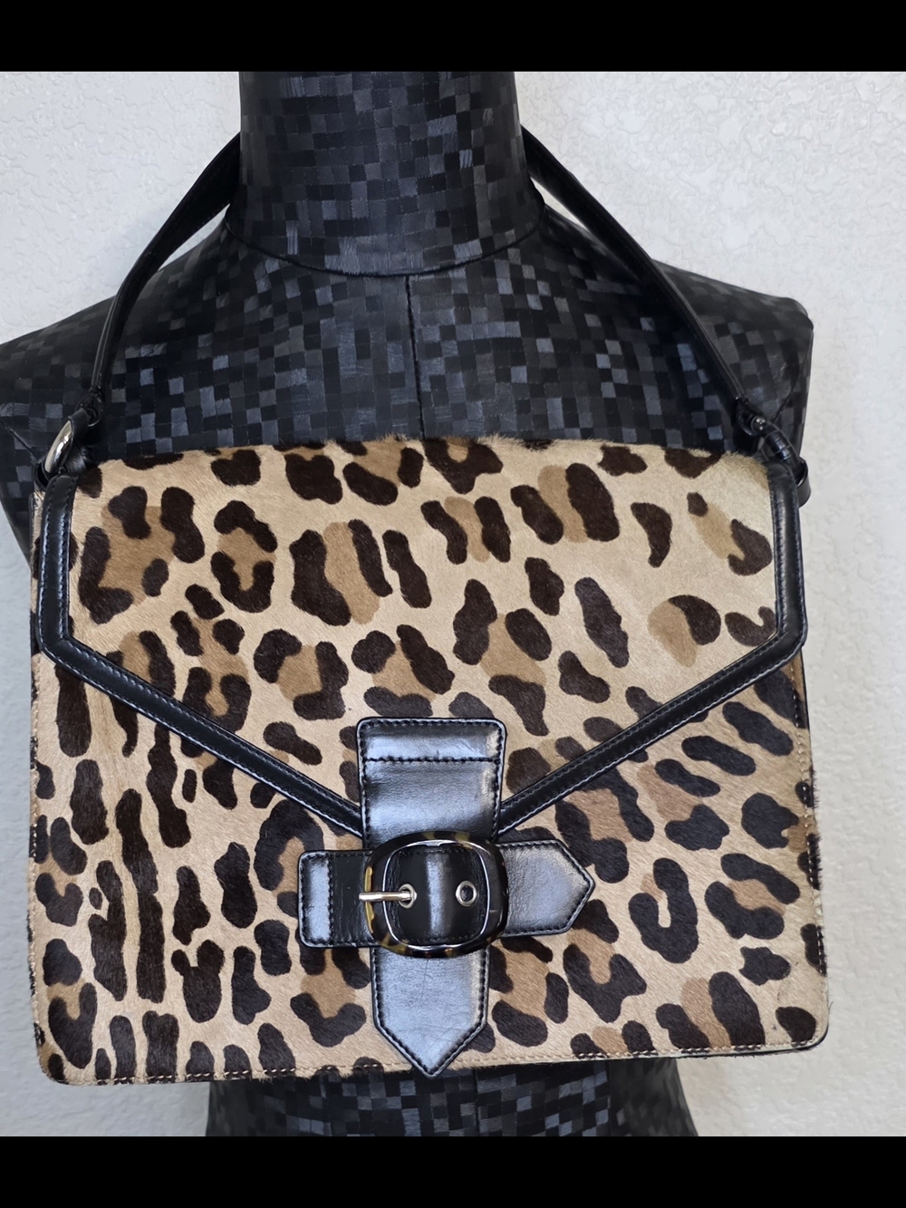 Via Spiga Leopard Print Shoulder Bag with Black Trim